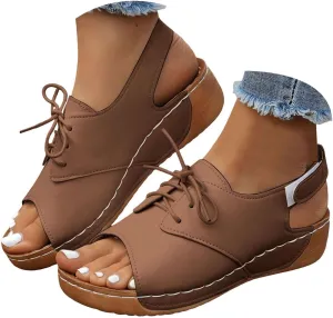 ZSpzx Wedge Sandals For Women 2025,Comfortable Dressy Summer Orthopedic Low Heel Comfortable Lace Up Slides Retro Soft Soled Walking Arch support Casual Non Slip-on Shoes for Daily Wear