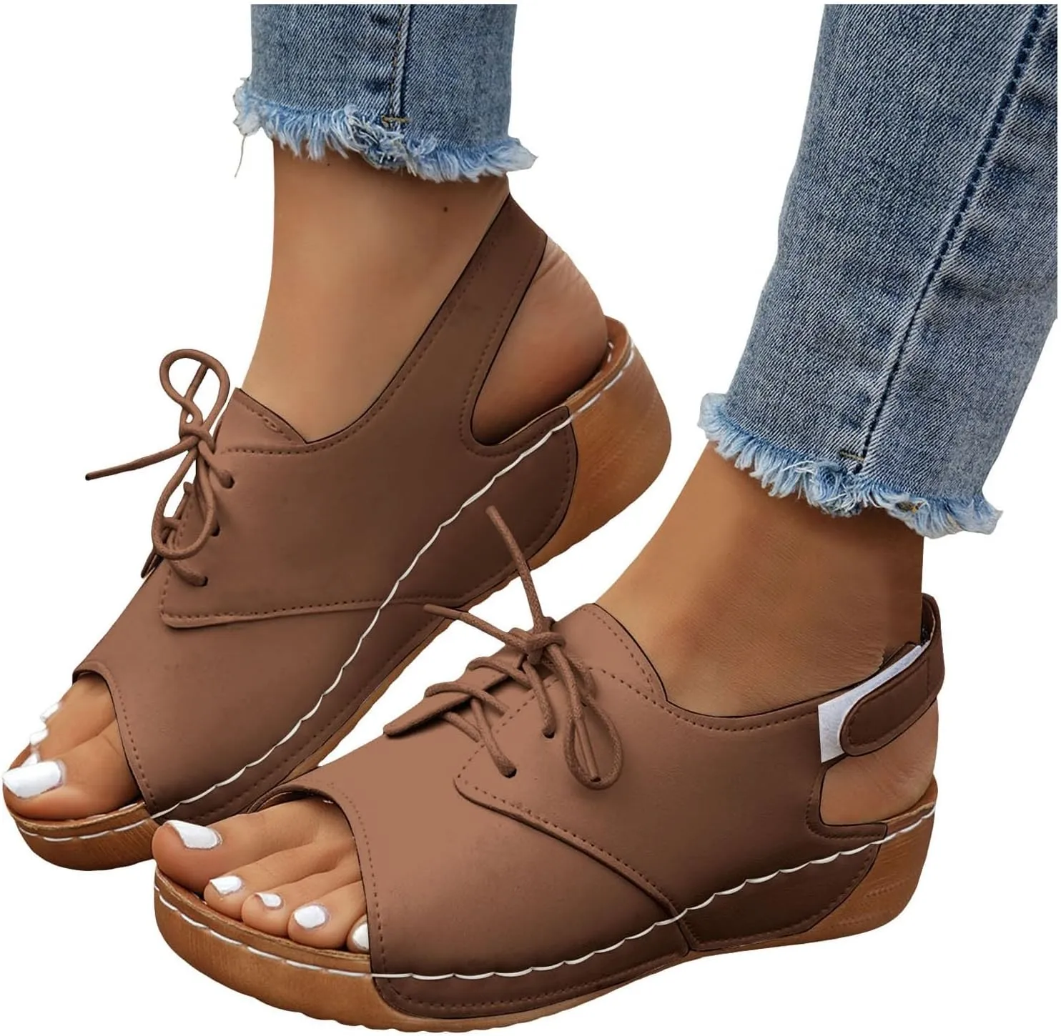 ZSpzx Wedge Sandals For Women 2025,Comfortable Dressy Summer Orthopedic Low Heel Comfortable Lace Up Slides Retro Soft Soled Walking Arch support Casual Non Slip-on Shoes for Daily Wear