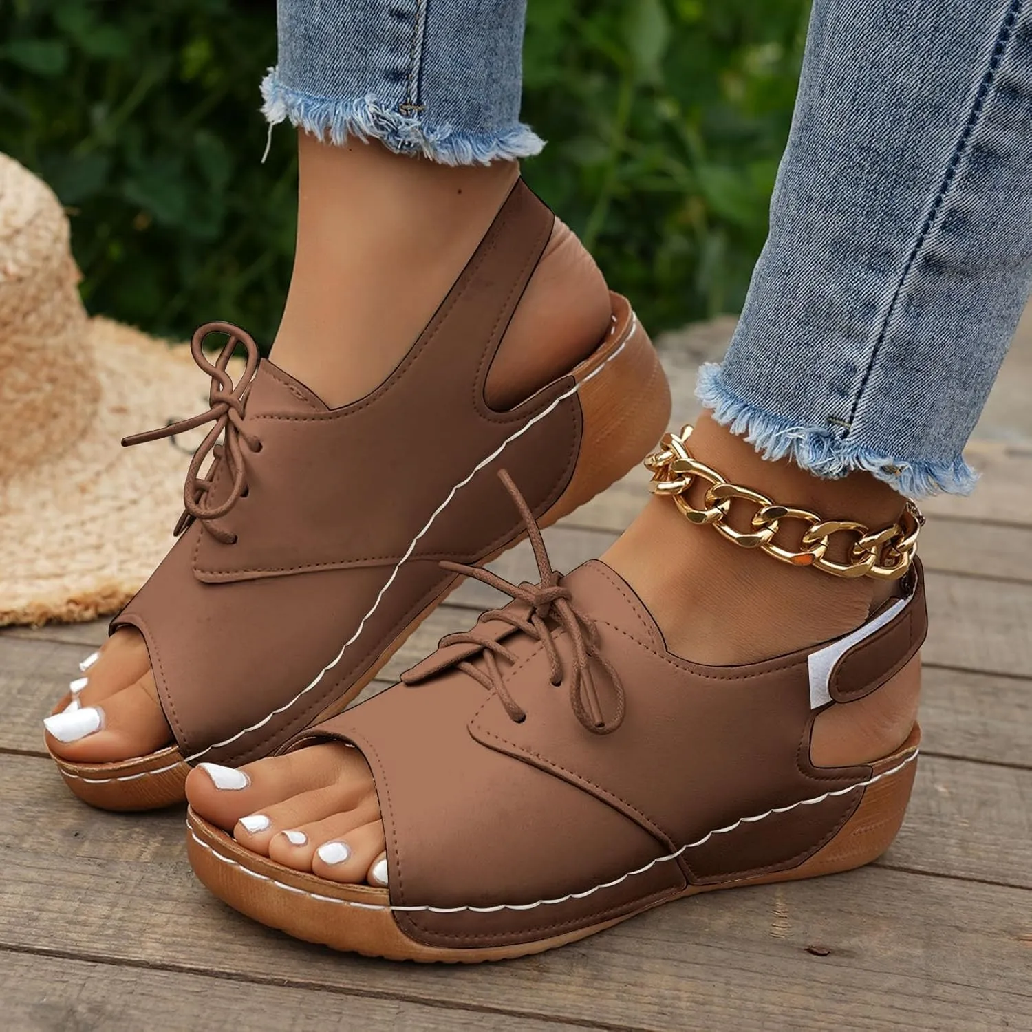 ZSpzx Wedge Sandals For Women 2025,Comfortable Dressy Summer Orthopedic Low Heel Comfortable Lace Up Slides Retro Soft Soled Walking Arch support Casual Non Slip-on Shoes for Daily Wear