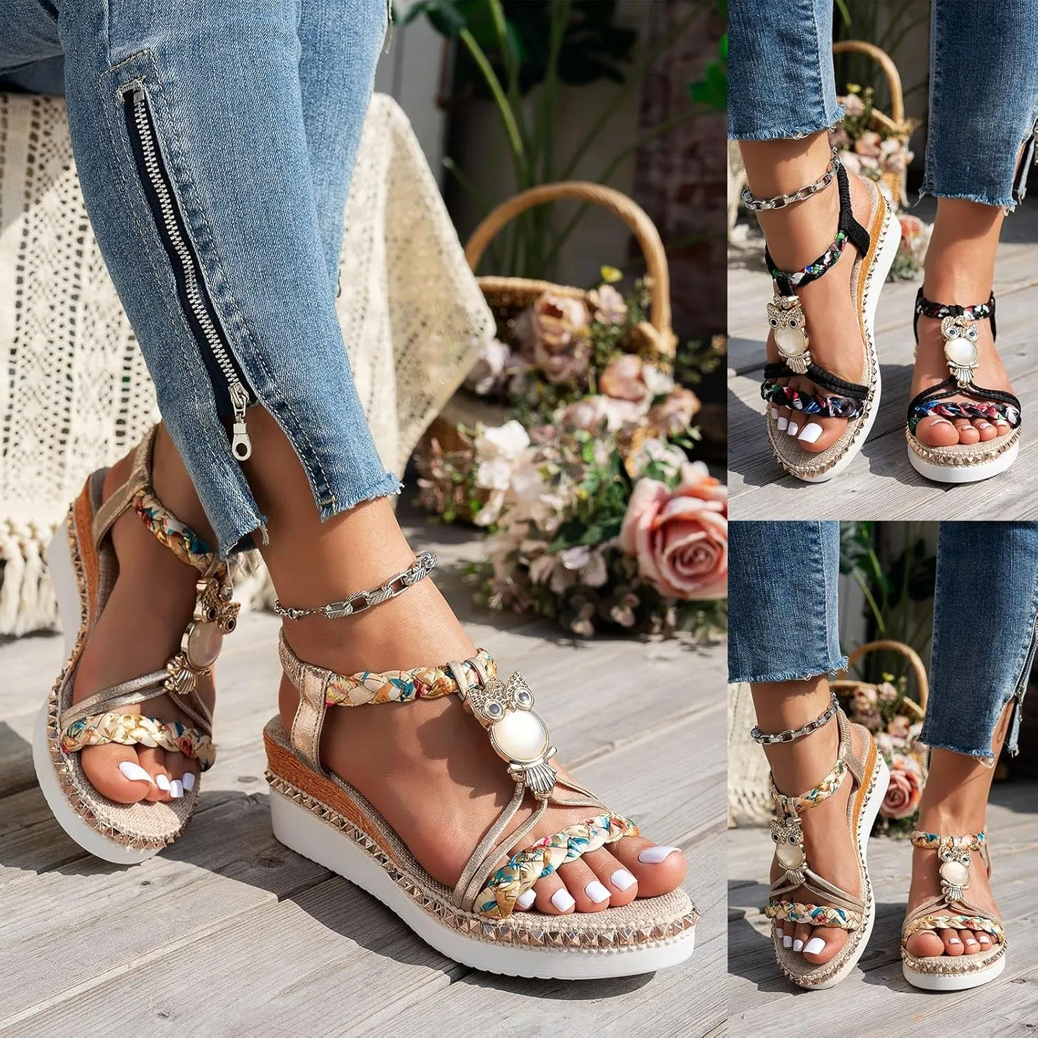 ZSpzx Wedge Sandals For Women 2025,Women's T-Strap Sandal Comfortable Open Toe Elastic Ankle Strap Beaded Slip On Dressy Flat Low Heel Summer Womens Bohe Walking Beach Shoes for Daily Wear
