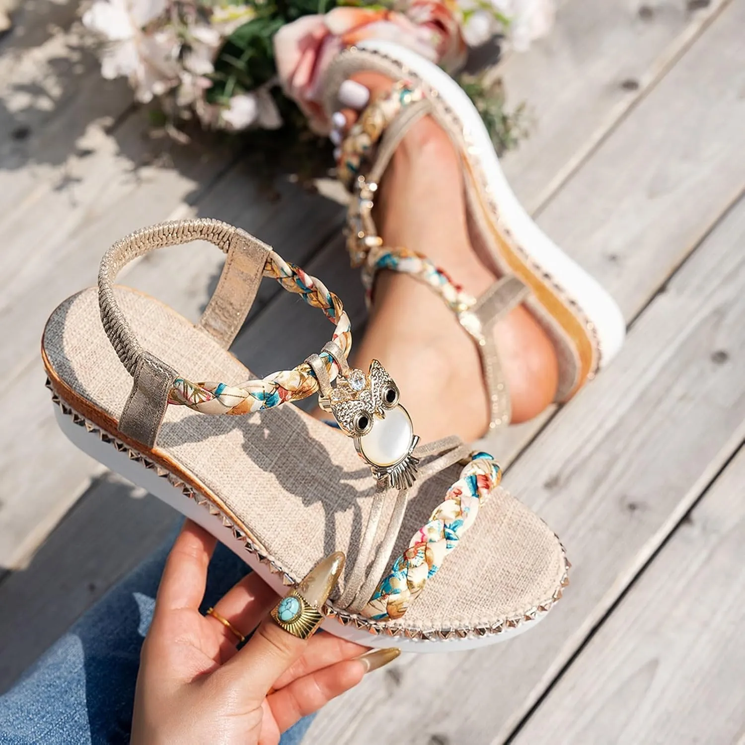 ZSpzx Wedge Sandals For Women 2025,Women's T-Strap Sandal Comfortable Open Toe Elastic Ankle Strap Beaded Slip On Dressy Flat Low Heel Summer Womens Bohe Walking Beach Shoes for Daily Wear