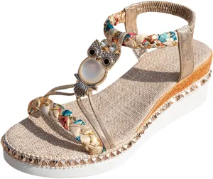 ZSpzx Wedge Sandals For Women 2025,Women's T-Strap Sandal Comfortable Open Toe Elastic Ankle Strap Beaded Slip On Dressy Flat Low Heel Summer Womens Bohe Walking Beach Shoes for Daily Wear