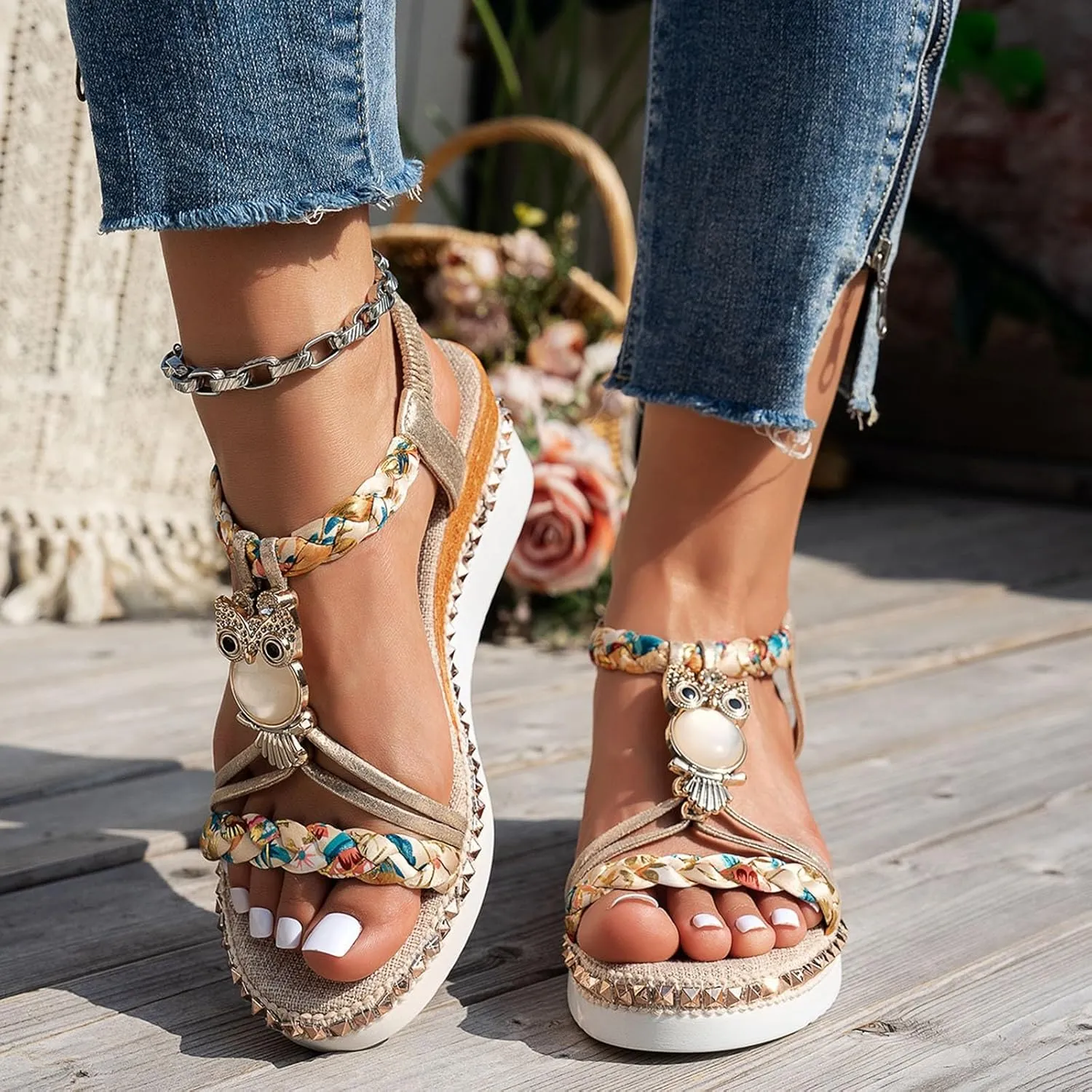 ZSpzx Wedge Sandals For Women 2025,Women's T-Strap Sandal Comfortable Open Toe Elastic Ankle Strap Beaded Slip On Dressy Flat Low Heel Summer Womens Bohe Walking Beach Shoes for Daily Wear