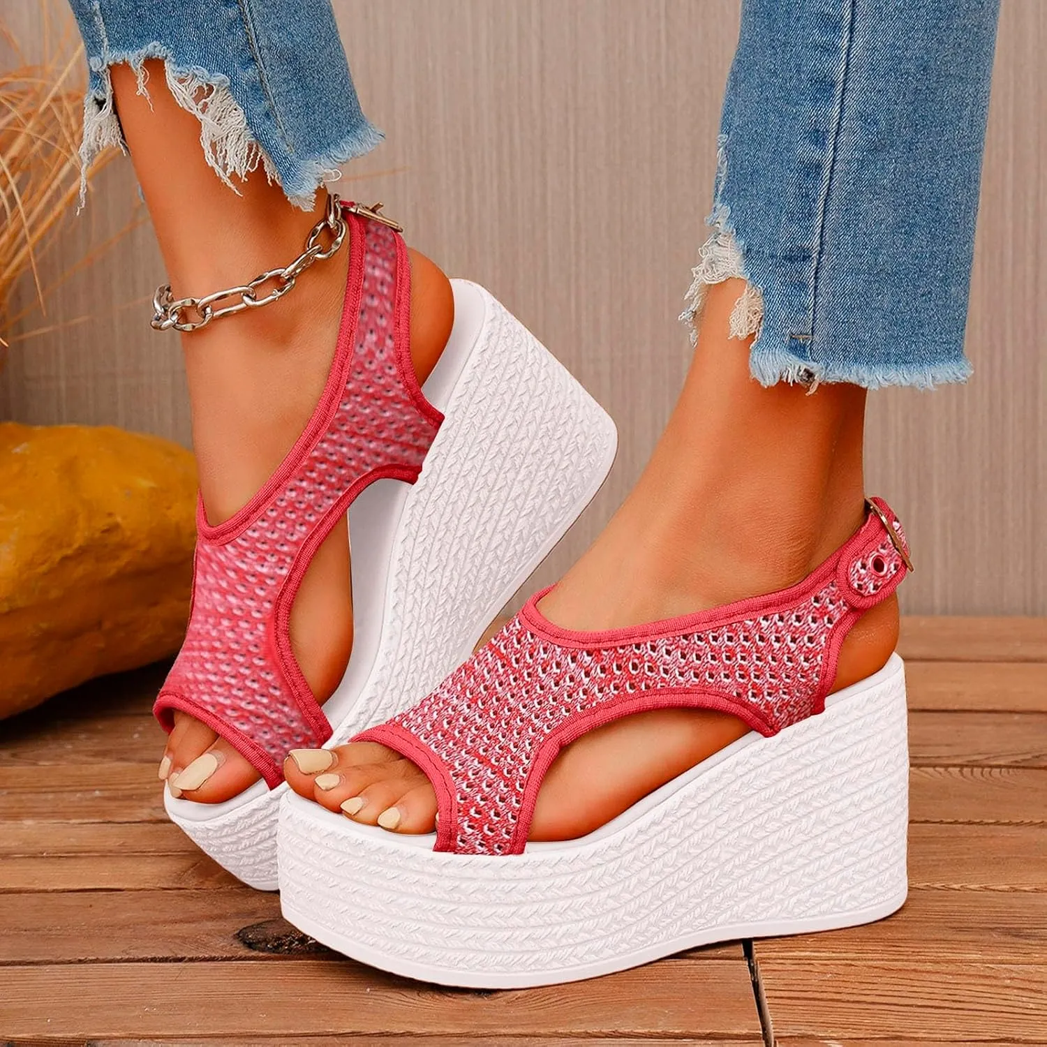 ZSpzx Wedge Sandals For Women Platform Wedges Heels Knit Wide Width Orthopedic Summer Ankle Strap Strappy Casual Dressy Low Heel Retro Fisherman Open Toe Shoes for Daily Wear