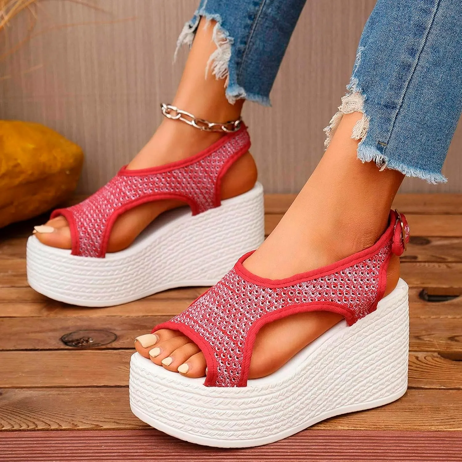 ZSpzx Wedge Sandals For Women Platform Wedges Heels Knit Wide Width Orthopedic Summer Ankle Strap Strappy Casual Dressy Low Heel Retro Fisherman Open Toe Shoes for Daily Wear