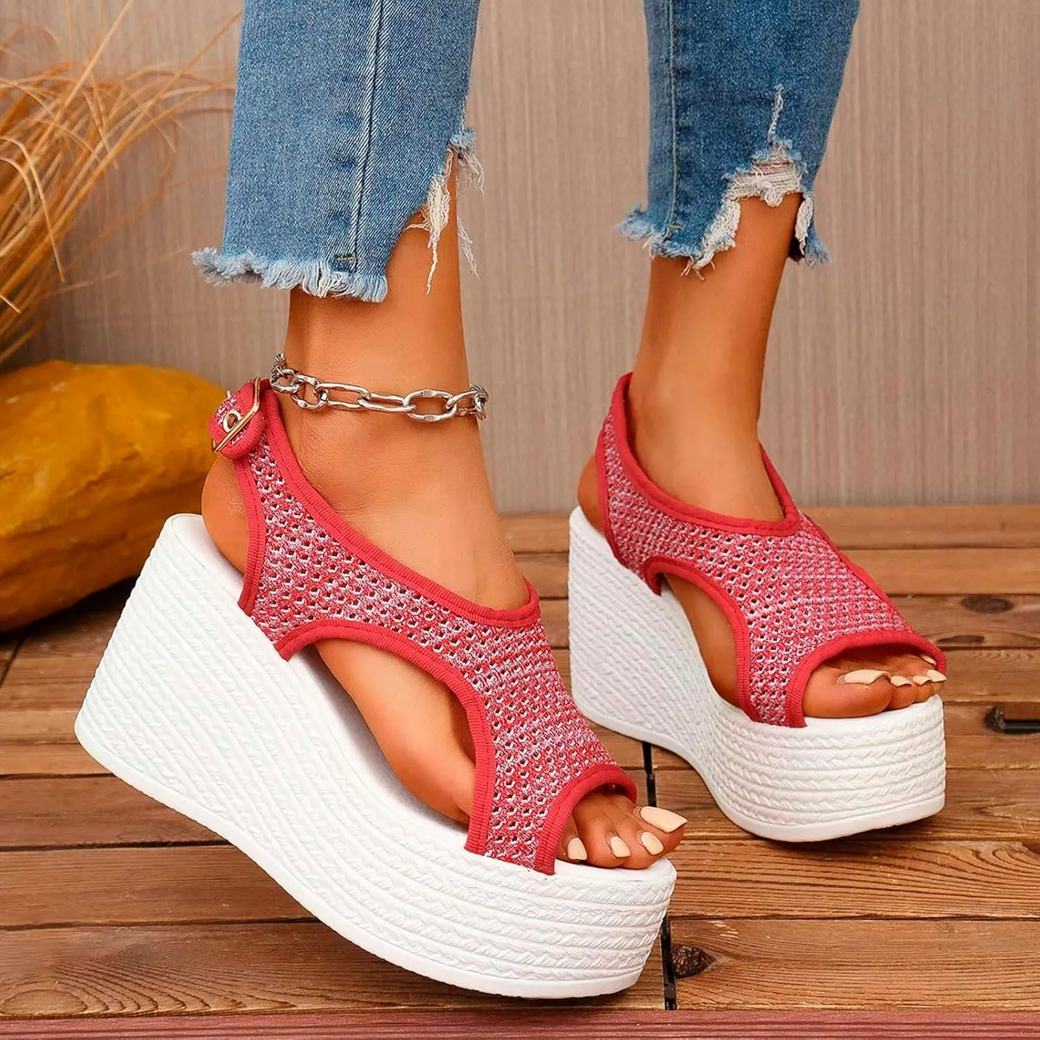 ZSpzx Wedge Sandals For Women Platform Wedges Heels Knit Wide Width Orthopedic Summer Ankle Strap Strappy Casual Dressy Low Heel Retro Fisherman Open Toe Shoes for Daily Wear