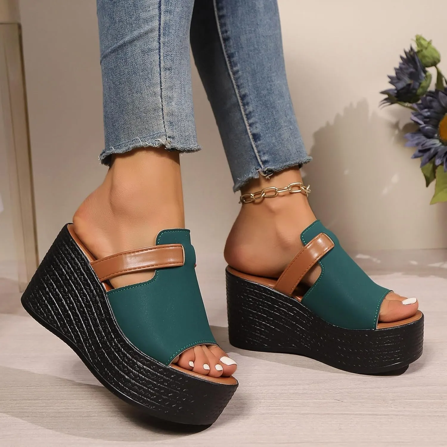 ZSpzx Wedge Sandals For Women Platform Wedges Heels,Womens Slide on Open Toe Dress Summer Slippers Bohe Beach Slip On Cute Slides Casual Slingback Walking Shoes For Party Vacation
