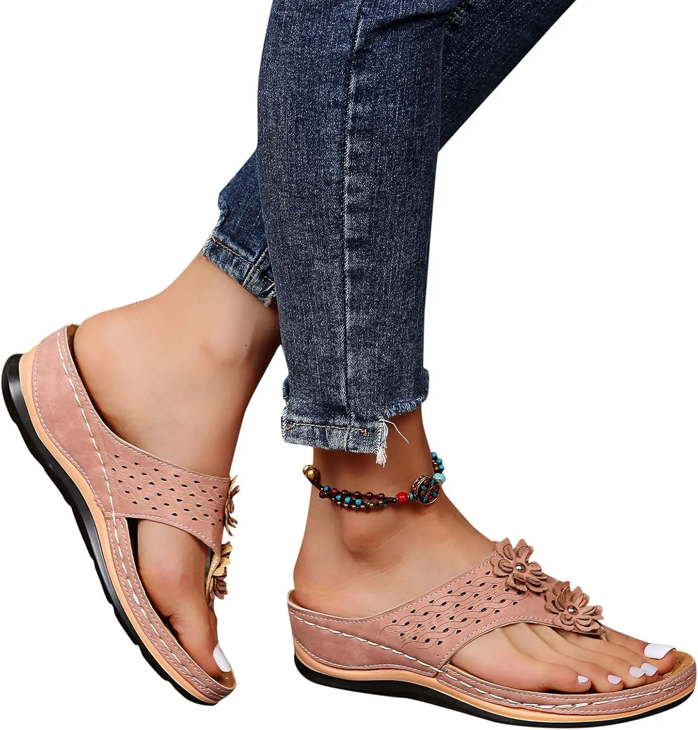 ZSpzx Women's Orthotic Cushion Flip Flops Orthopedic Sandals for Women Recovery Walking Dressy Summer Comfortable Flowers Plantar Fasciitis Bunion Casual Womens Outdoor Slides Non Slip-on Beach Shoes