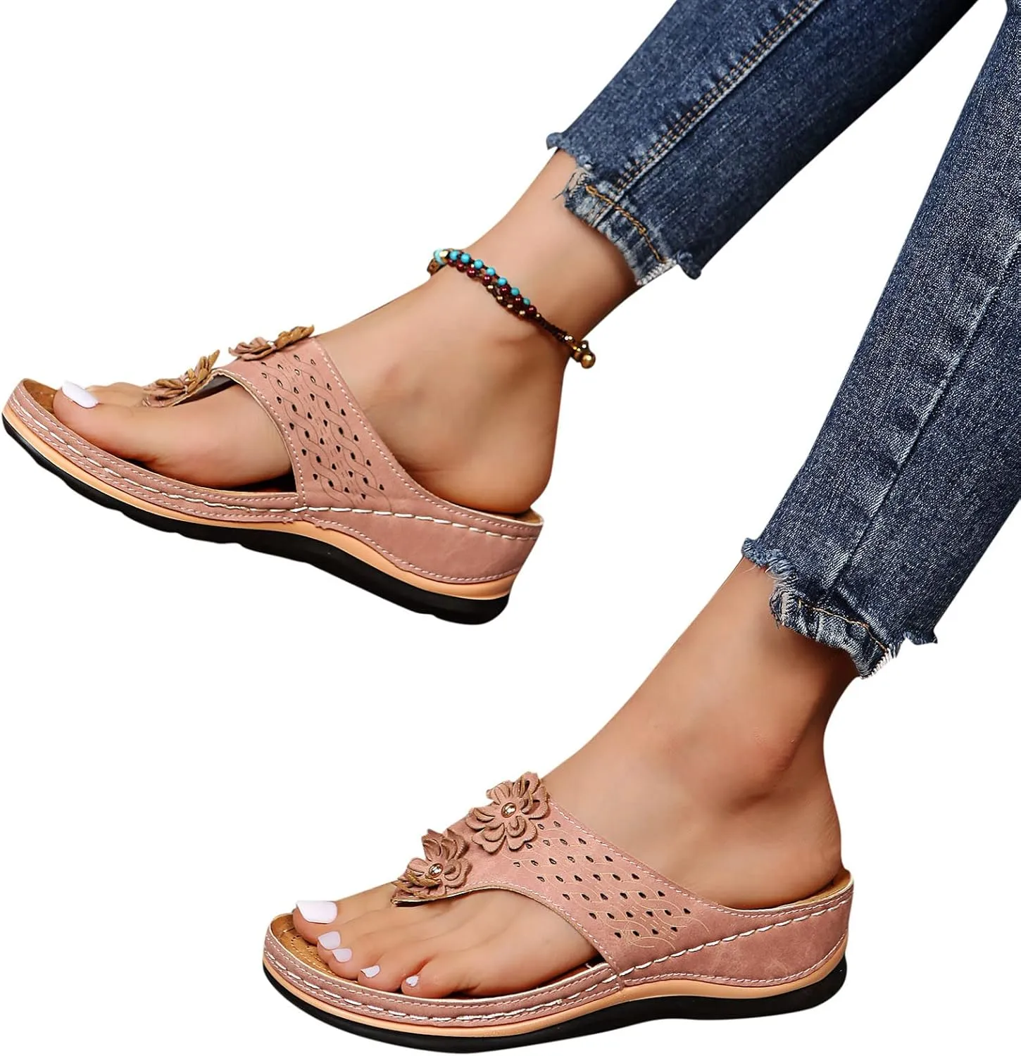 ZSpzx Women's Orthotic Cushion Flip Flops Orthopedic Sandals for Women Recovery Walking Dressy Summer Comfortable Flowers Plantar Fasciitis Bunion Casual Womens Outdoor Slides Non Slip-on Beach Shoes
