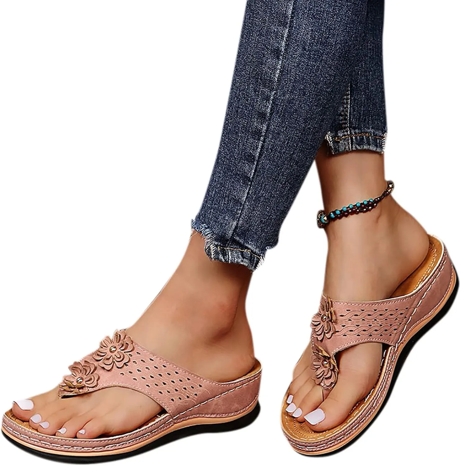 ZSpzx Women's Orthotic Cushion Flip Flops Orthopedic Sandals for Women Recovery Walking Dressy Summer Comfortable Flowers Plantar Fasciitis Bunion Casual Womens Outdoor Slides Non Slip-on Beach Shoes