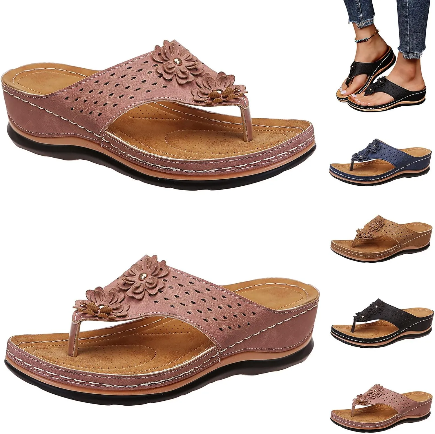 ZSpzx Women's Orthotic Cushion Flip Flops Orthopedic Sandals for Women Recovery Walking Dressy Summer Comfortable Flowers Plantar Fasciitis Bunion Casual Womens Outdoor Slides Non Slip-on Beach Shoes